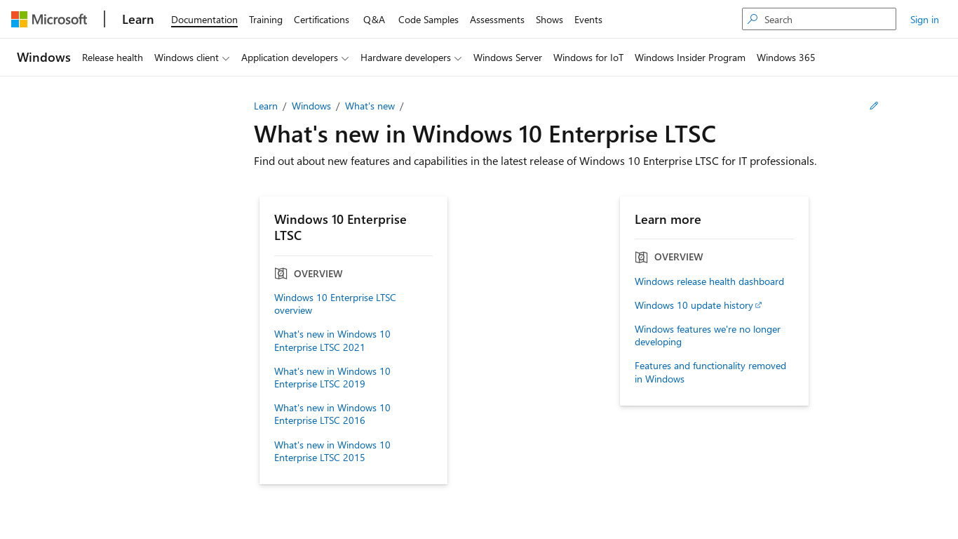 Windows 10 Enterprise LTSC Landing page