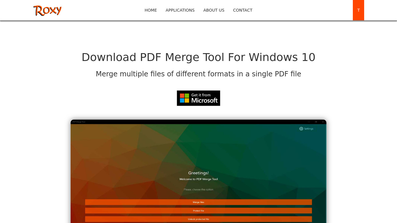RoxyApps PDF Merge Tool Landing page