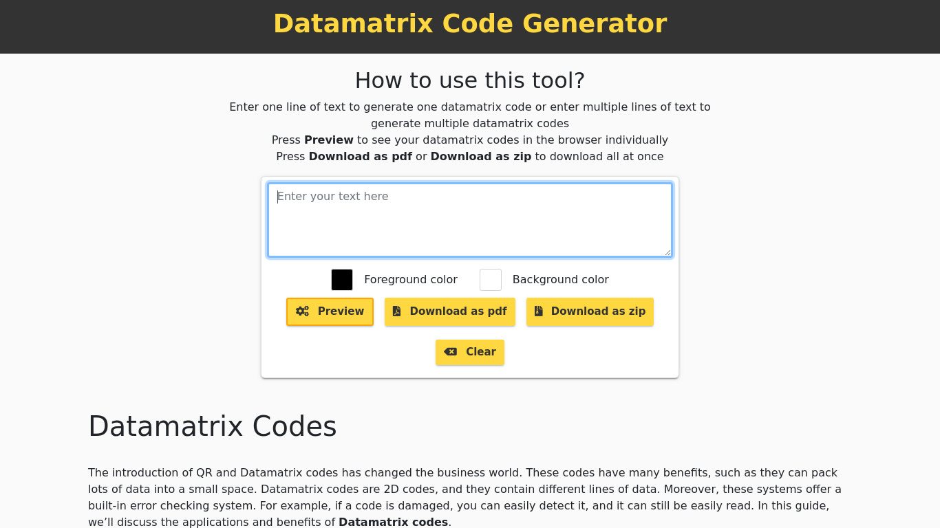 Datamatrix Code Generator Landing page