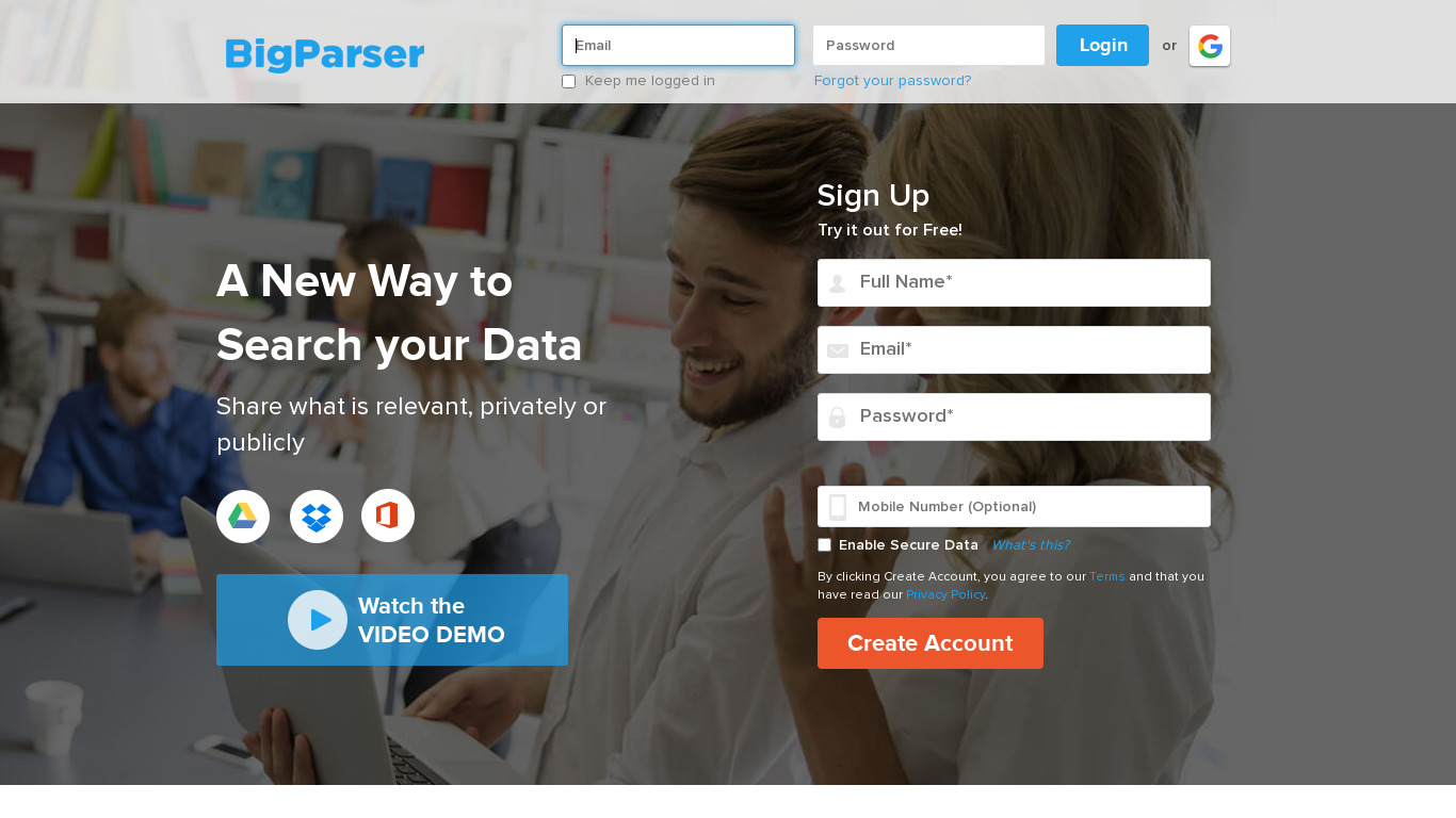 BigParser Landing page