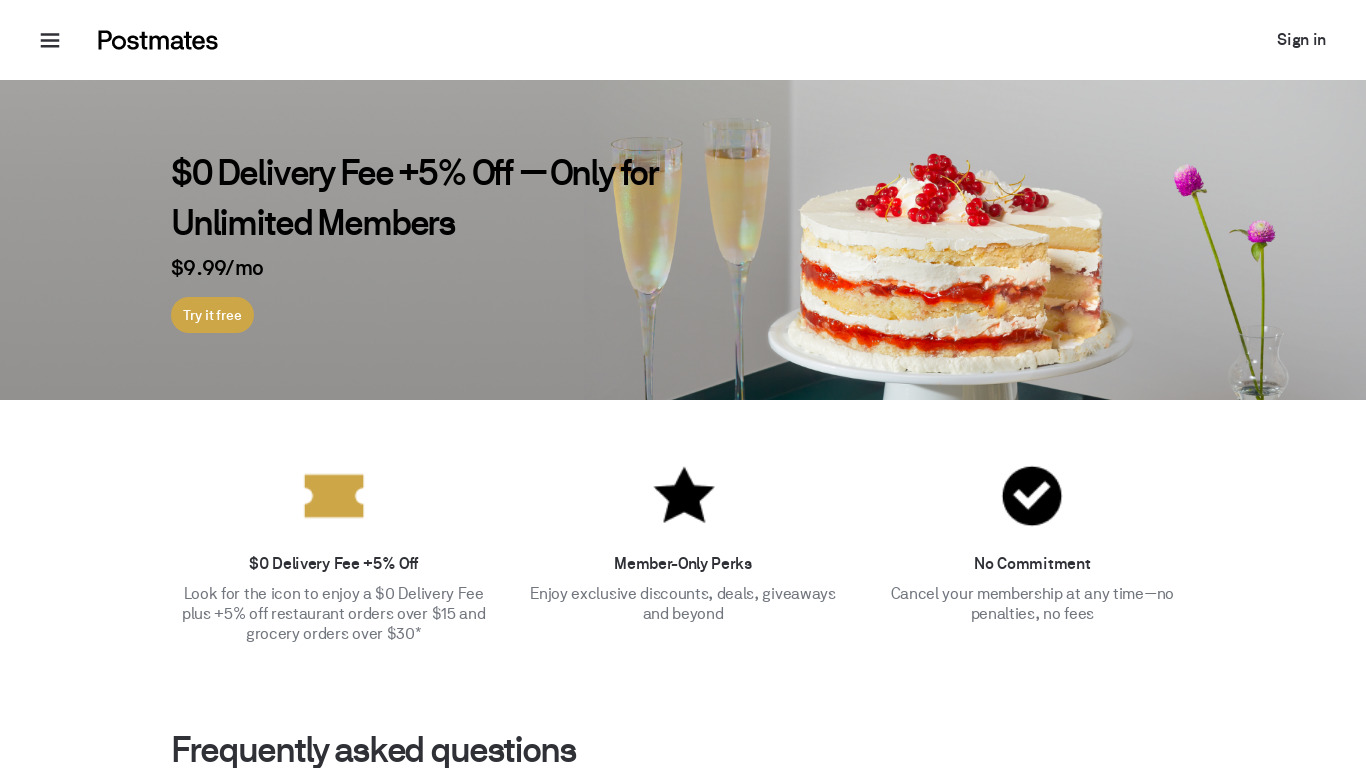 Postmates Plus Unlimited Landing page