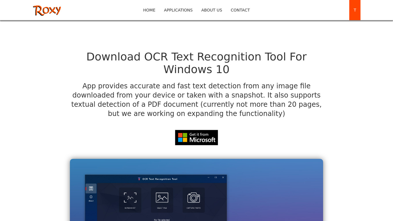 RoxyApps OCR Text Recognition Tool Landing page